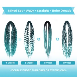 Sangtok Double Ended 3 in 1 Dreadlock Extensions, 24 inch 15pcs Ombre Teal Green Mixed Dreads Extensions Set DE Dreads with Curly Dreadlocks for White Women