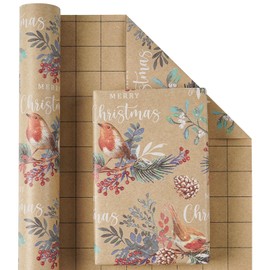 RUSPEPA Kraft Christmas Wrapping Paper Roll, Mini Roll, Vintage Bird on Pine Branch Design with Merry Christmas, Natural Scene Gift Wrap for Women, Friends, Family, Xmas Gifts, 17 Inches x 16.4 Feet