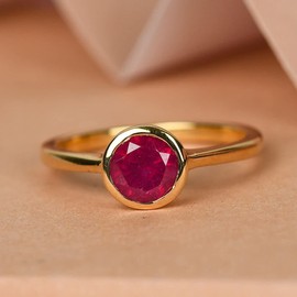 TJC Ruby Solitaire Ring In 14ct Yellow Gold Plated 925 Sterling Silver Engagement Ring for Women Size K Bezel Setting Red Gemstone July Birthstone