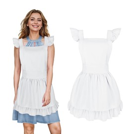 aspire White Apron with Ruffles Retro Serving Apron for Kitchen Restaurant, White