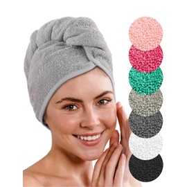 Laynenburg Premium hair turban with button made of 100% cotton - hair towel incl. 4 Hair Bobbles - For Short and Long Hair - Turban Towel Is Quick Drying and Absorbent (Grey)