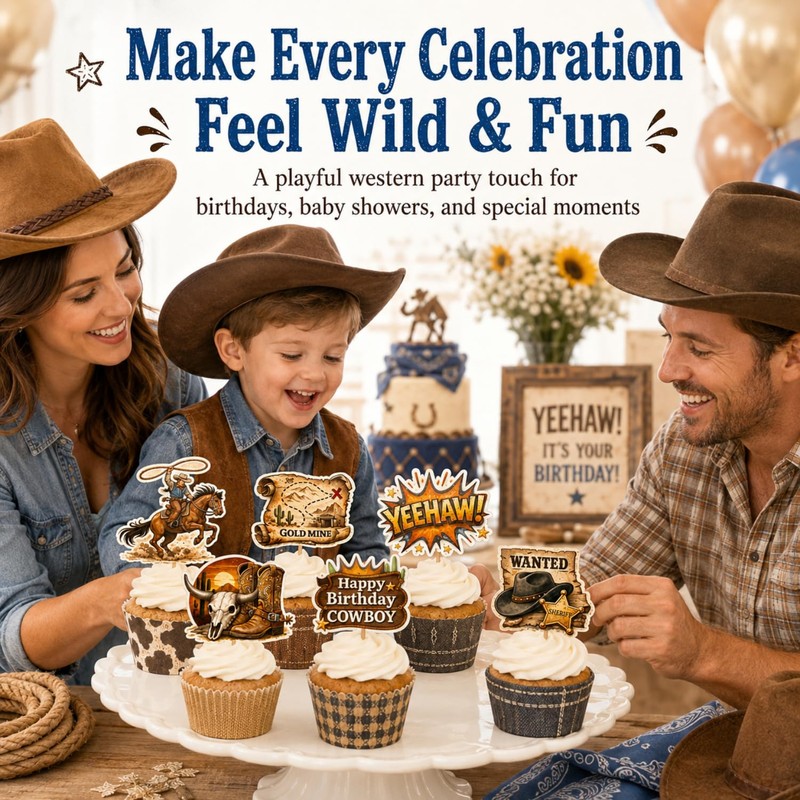 ALISSAR 36 Pcs Western Cowboy Cupcake Toppers, Birthday Party Decor