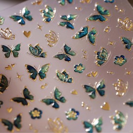 Butterfly Nail Art Stickers Decals 5D Embossed Butterfly Nail Decals Green Butterfly Gold Heart Star Nail Stickers Self Adhesive Nail Decals Cute Butterfly Nail Stickers for Women Manicure Nails Art