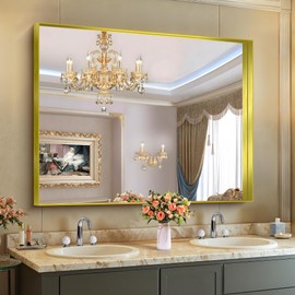 CIRCUMI Gold Bathroom Mirror, 36"x48" Rectangular Mirror with Deep Metal Frame, Brushed Finish, Tempered Glass, Large Mirror for Wall, Over 2 Sinks, Installed Vertically/Horizontally, Crystal-Clear