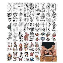 Impressed.co Impresionado 48 Hojas Unisex Vintage American Traditional Temporal Tatuajes - Pequeño Semi Permanente Blackwork Minimalista Falso Tatuaje Flash Para Mujeres Y Hombres - Mano D