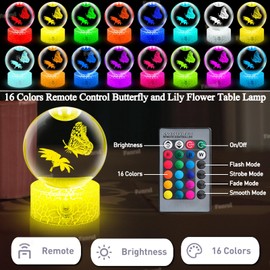 Fanrui Unique 3D Butterfly and Lily Flower Figurines Crystal Ball Night Light, Butterfly Lamp, Glass Ball Light with Remote Control and Dimmer, Gifts for Her,Women,Girls.Mom,Girlfriend,Wife,Teens