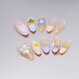 Handmade Press on Nails Medium Almond Nails Ocean Fake Nails,3D Flower Art False Nails with Pearl Conch Design Summer Reusable Acrylic Nails Nature Glue on Nail for Wome (Size M)