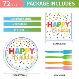 72Pcs Happy Birthday Plates and Napkins, Colorful Polka Dot Themed Paper Plates Napkins Disposable Tableware Set for Birthday Party Decorations Supplies (Birthday)