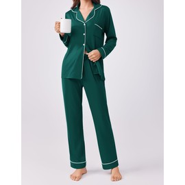 Ekouaer Womens Pajamas Set 2 Piece Button Down Sleepwear Soft Long Sleeve Top and Pants Pjs Lounge Sets Lake Green S