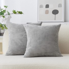 Home Brilliant Grey Cushion Cover Striped Corduroy Decorative Pillows for Bed Sofa Cushion Covers, Pack of 2, 65x65 cm, 26 inch, Light Grey