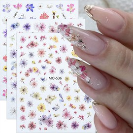 Flower Nail Art Stickers Decals 5D Embossed Flower Nail Decals 3PCS Self-Adhesive Pink Yellow Purple Spring Summer Nail Designs Stickers Floral Nail Art Supplies for Women DIY Nail Decorations Charms
