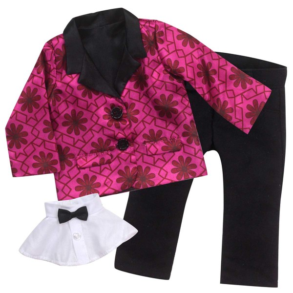 Sophia's Geometric Floral Print Satin Blazer, White Dickie with Bow Tie, & Dress Pants Complete Outfit Set for 18” Dolls, Magenta/Black