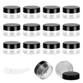 12pcs 10Gram/10ml Jars, Sample Pots, Mini Jars With Lids, Clear Round Plastic Jars With 1 Mini Spatulas For Various Cosmetic Products, Samples， Eye Shadow Lip Balm, and Nail Powder(Black)