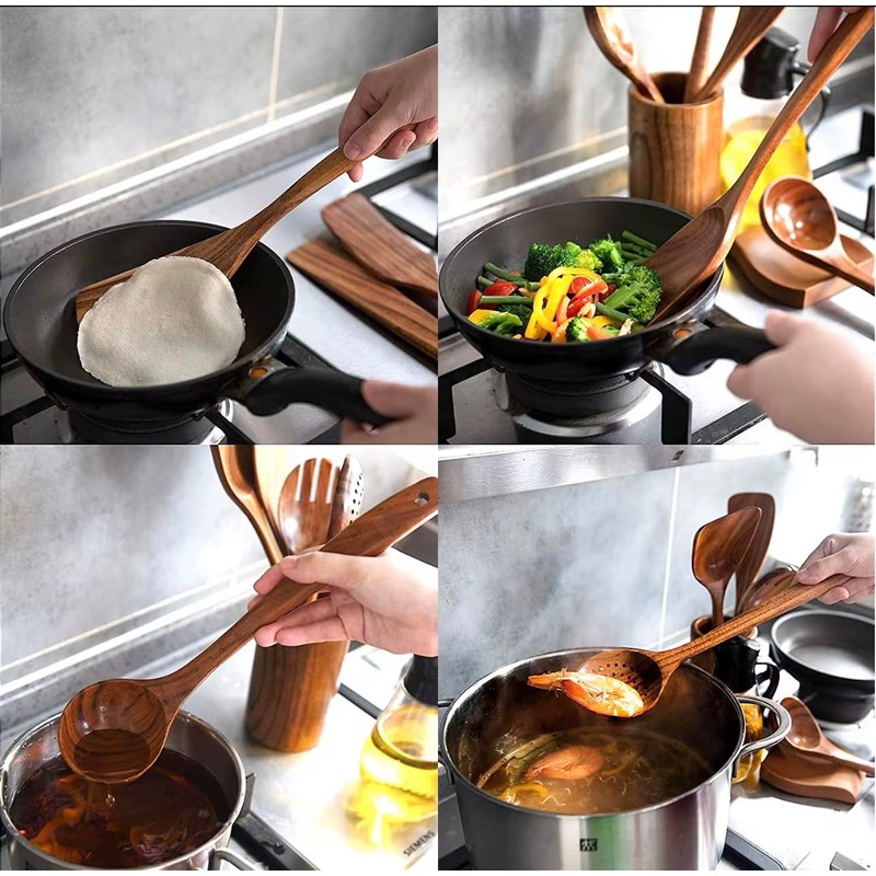 R&C 9-Piece Wooden Kitchen Utensil Set – Premium Teak Cooking
