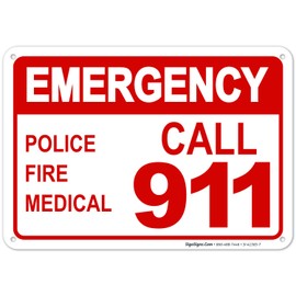 Emergency Call 911 Sign, 10x7 Inches, 55 mil Thick HDPE (high Density polyethylene), Made in USA