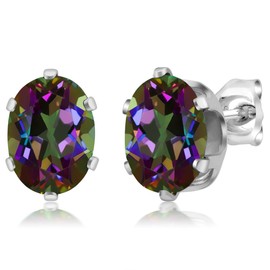 Gem Stone King 925 Sterling Silver Green Mystic Topaz Stud Earrings For Women Men (2.90 Cttw, Gemstone Birthstone, Oval 8X6MM)