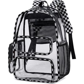 Clear Backpack Heavy Duty Transparent Bag 17" See Through BookBag for Women Men Adults Work Festival Sports Travel Durable - Color: Black White Check