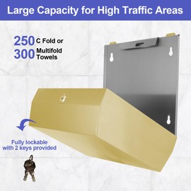 Stardrix Paper Towel Dispenser Wall Mount, Brushed Gold Stainless Steel Commercial Paper Towel Holder with Lock, Large Capacity 250 C Fold/300 Multifold Towels