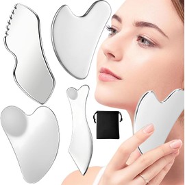 Gua Sha, Gua Sha Facial de Acero Inoxidable, Herramienta para Masaje con Bolsa de Viaje, Regalo para Cuidado de la Piel Contornear y Descongestionar la Mandíbula Relajación Muscular (B)
