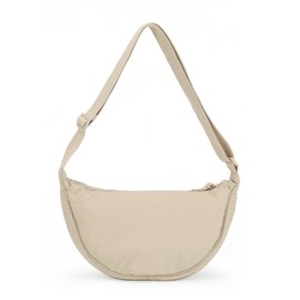 Fecialy Half Moon Crossbody Bag for Women Men Hobo Nylon Shoulder Bag Dumpling Bag Casual Travel Sling Bag, beige