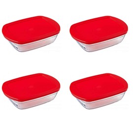 Pyrex O'Cuisine Borosilicate Glass Rectangular Dish with Plastic Lid 0.4 Litre Red (Pack of 4)