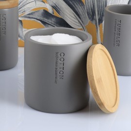 Modern Matte Gray Cotton Pad Jar with Natural Bamboo Lid - Polyresin Bathroom Storage Solution (Gray, Cotton Box Only)