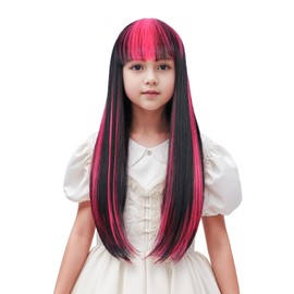Edivd Pink Mixed Black Wig for Kids Long Black and Pink Wig with Air Bangs for Child Long Black Pink Straight Wig for Girls Heat Resistant Synthetic Wig with Wig Cap