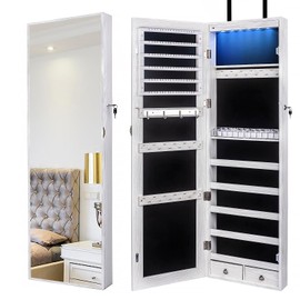 SCWF-GZ 47" H Jewelry Armoire Full Length Mirror Cabinet Storage Organizer w/LED Light Wall-Mounted/Door-Hanging Lockable for Bedroom Makeups White