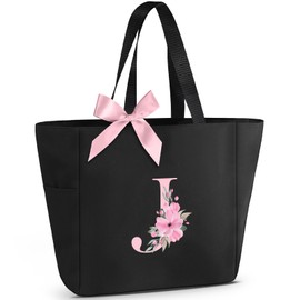 Vavabox Tote Bag, A-Z Initial Monogrammed Waterproof Tote Bag, Bridesmaid Gifts for Women, Black and Pink (J, Black)