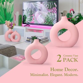 2-Pack Light Pink Ceramic Vase for Modern Home Decor, Round Matte Pampas Flower Vases Minimalist Nordic Boho Ins Style for Wedding Dinner Table Party Living Room Office Bedroom, Vase Decorative