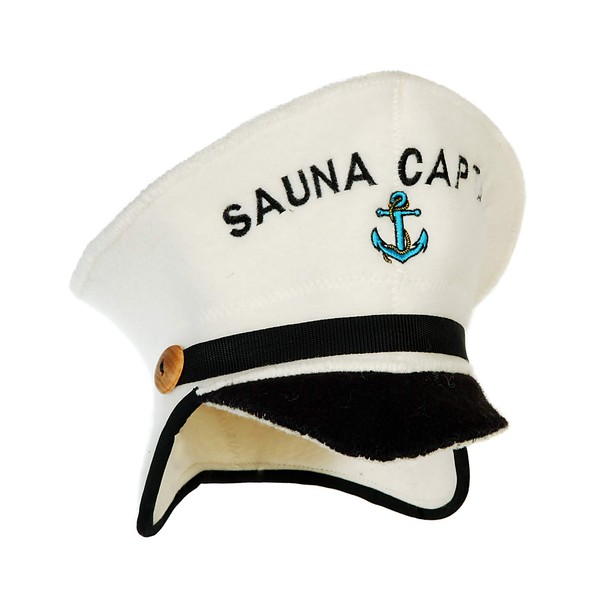 Natural Textile Sauna Hat 'Sauna Captain' White - 100% Organic Wool Felt Hats for Russian Banya - Protect Your Head from Heat - Sauna eBook Guide Included - with Embroidery