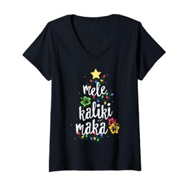 Women's Mele Kalikimaka Shirt For Women Hawaiian Hawaii Christmas T-Shirt with V-Neck