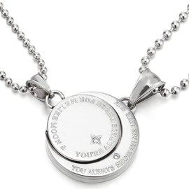 A Pair Couples Lovers Steel Moon and Sun Pendant Necklace with Cubic Zirconia for Man Woman Friends（CA）