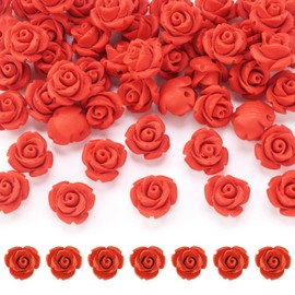 Beadthoven 50pcs Red Rose Cinnabar Beads Detail Carved Flower Spacer Beads 10mm Rose Petals Link Charms Beads for Valentine's Day Jewelry Making Wedding Decoration Hole:1.5mm
