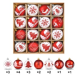 ZOOI Christmas Baubles Plastic Set Red White 16 Pieces 6 cm Christmas Tree Baubles Decoration Christmas Tree Decoration with Hanger Shatterproof Christmas Decoration Outdoor Indoor Plastic