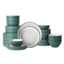 Christian Siriano Larosso 24-Piece Dinnerware Set with Dinner Bowls and Pasta Bowls, Stoneware, Green