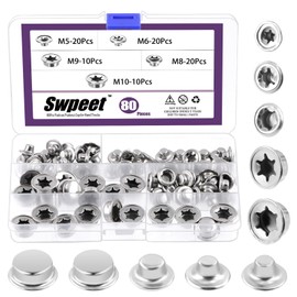 Swpeet 80Pcs M5 M6 M8 M9 M10 Spring Steel Push on Pushnut Cap Stud Kit, Axle Cap Nut with Zinc Mech Finish Axle Pushnut Fastener Permanent Washer Caps for Rolling Bins, Lawn Wagons and Hand Trucks