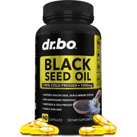 DR. BO Black Seed Oil Capsules Vegan - Pure Cold Pressed Black Seed Oil Nigella Sativa Cumin for Skin & Hair Health, 500mg, 1000mg Per 2 Capsule Serving Blackseed Liquid Capsules Halal - 60 Softgels Pills