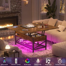 Aheaplus Coffee Table Lift Top Multi-Function Coffee Table Converts to Dining Table, with LED Light and Power Outlet, Center Table with Shelves for Living Room Reception Home Office, Black Oak