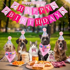 Chiffonade Dog Birthday Decor Sets, Happy Birthday Decoration with Hat Bandana Banner Bow Set, Puppy Cat Rabbit Boys Girls Party Supplies (Pink)