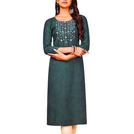 ladyline Vestido de noche de rayón bordado liso para mujer, manga 3/4, Kurti Kurta, longitud hasta la rodilla, Pino(23), 38