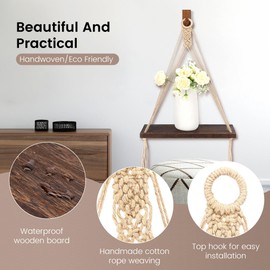 Chissen Boho Macrame Wall Decor 2 Pack Wood Wall Hanging Shelves, Storage Floating Shelf for Room Storage Floating Shelves Handmade Plant Hanging Shelves Stand Holder Decor Aesthetic
