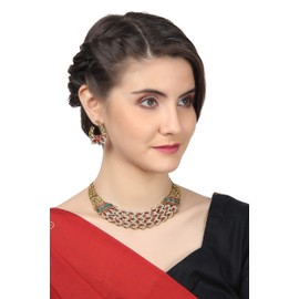 Touchstone Indian Bollywood White Rhinestone Simulated Ruby Emerald Ethnic Netting Theme Bridal Designer Jewelry Necklace Set for Women Antique Gold Tone, Metal, No Gemstone