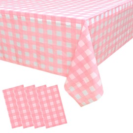 Vedran 4 Pack Pink Gingham Tablecloth Decorations, Pink and White Checkered Background Disposable Plastic Tablecloth 54 x 108 Inch