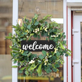 Weldomcor 20" Green Eucalyptus Welcome Wreath for Front Door, Artificial Eucalyptus Leaves Wreath Home Decor Summer Greenery Wreath Sign for Wall Window Festival Farmhouse Garden
