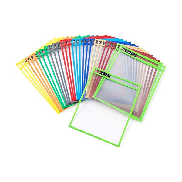 Dry Erase Pockets Sheet Protectors - Reusable + Oversized - Size 10 X 13 Inches - 30 Plastic Sleeves - Mixed Colors - Ideal to use at School or at Work