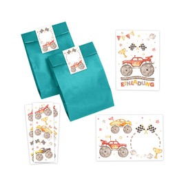 12 Invitation Cards for Children's Birthday Boys Monster Truck Car Including 12 Envelopes, 12 Party Bags/Petrol, 12 Stickers, 12 Bookmarks Invitation Set