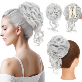 S-noilite Claw Clip Messy Bun Hair Pieces Tousled Updo Fake Hair Bun Chignon Wavy Curly Messy Bun with Clip Hair Extensions Scrunchie Clip on Bun Ponytail Hairpieces for Women(silver grey)