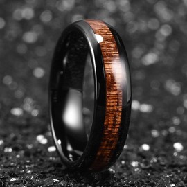 King Will NATURE 6mm Black Domed Koa Wood Ceramic Ring Wedding Band Polished Finish Comfort Fit 9.5
