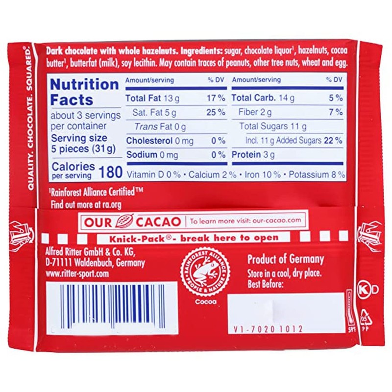 Ritter Sport Dark Chocolate Whole Hazelnut 100g